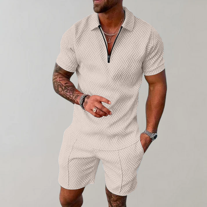 Comfortable Textured Knit Two Piece Set for Women with Zip Polo Collar Short Sleeve Relaxed Casual Style