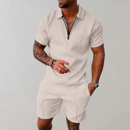 Comfortable Textured Knit Two Piece Set for Women with Zip Polo Collar Short Sleeve Relaxed Casual Style