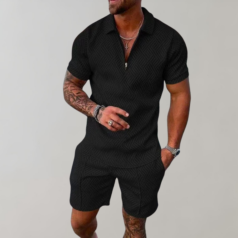 Comfortable Textured Knit Two Piece Set for Women with Zip Polo Collar Short Sleeve Relaxed Casual Style