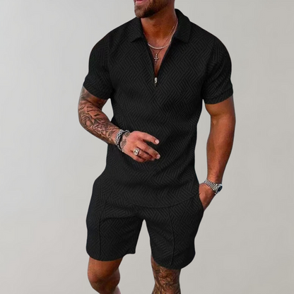 Comfortable Textured Knit Two Piece Set for Women with Zip Polo Collar Short Sleeve Relaxed Casual Style