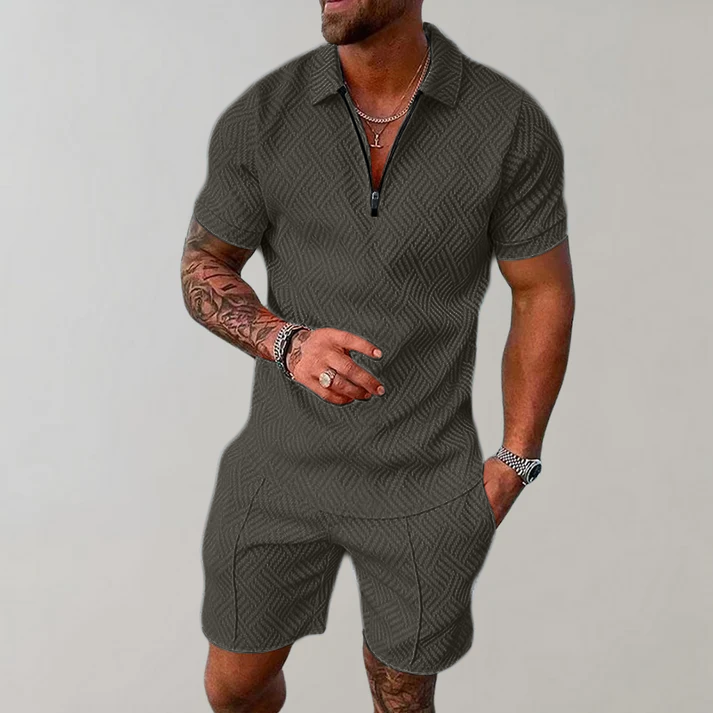 Comfortable Textured Knit Two Piece Set for Women with Zip Polo Collar Short Sleeve Relaxed Casual Style