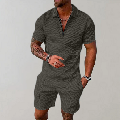 Comfortable Textured Knit Two Piece Set for Women with Zip Polo Collar Short Sleeve Relaxed Casual Style