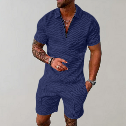 Comfortable Textured Knit Two Piece Set for Women with Zip Polo Collar Short Sleeve Relaxed Casual Style