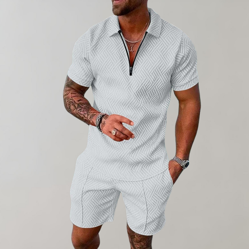 Comfortable Textured Knit Two Piece Set for Women with Zip Polo Collar Short Sleeve Relaxed Casual Style