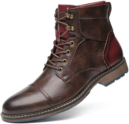 Elegant Brown Leather Ankle Boots for Women with Cap Toe Lace Up Zipper Casual Style