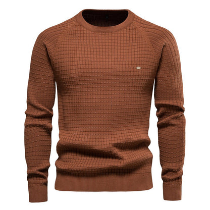 Comfortable Navy Waffle Knit Sweater for Women with Crew Neck Long Sleeve Ribbed Casual Style