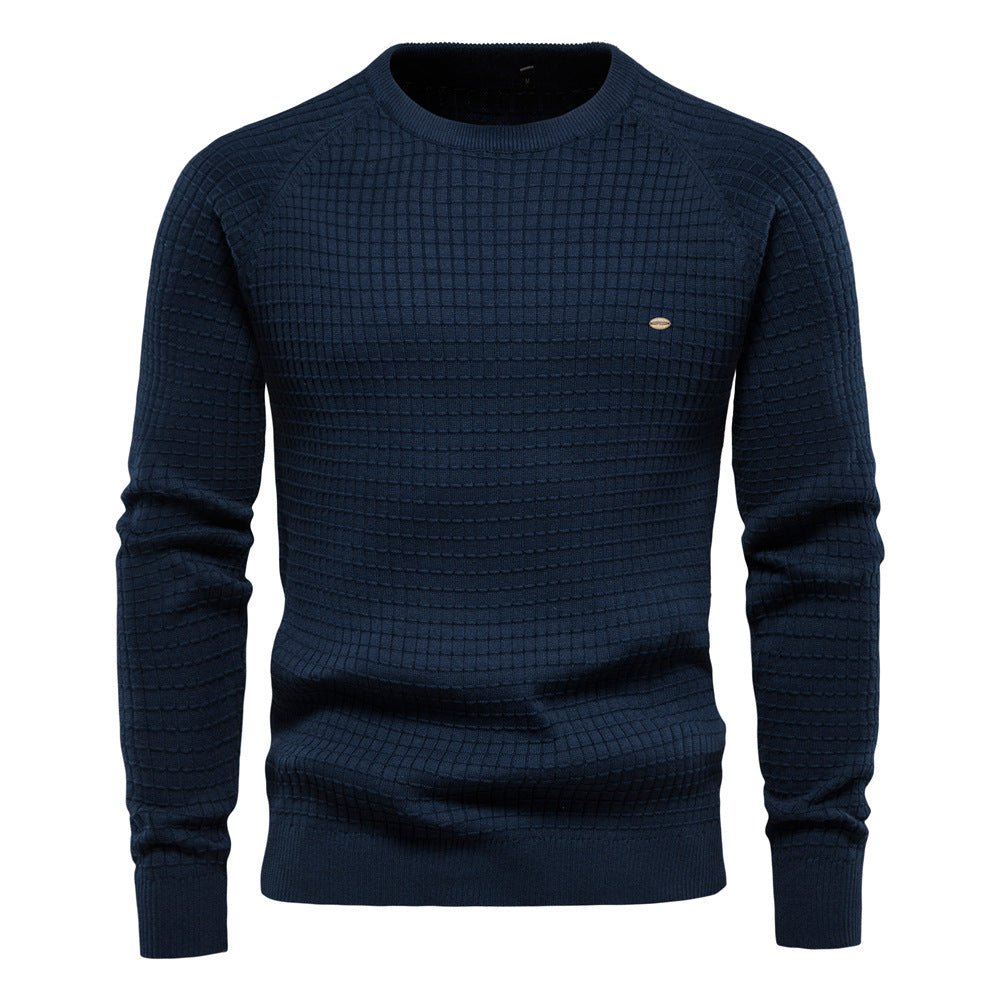 Comfortable Navy Waffle Knit Sweater for Women with Crew Neck Long Sleeve Ribbed Casual Style
