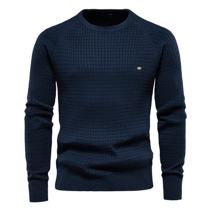 Comfortable Navy Waffle Knit Sweater for Women with Crew Neck Long Sleeve Ribbed Casual Style