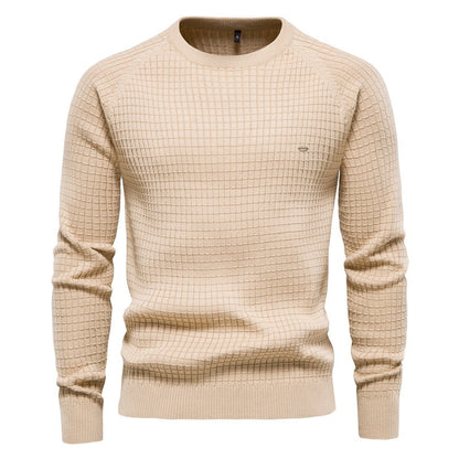 Comfortable Navy Waffle Knit Sweater for Women with Crew Neck Long Sleeve Ribbed Casual Style