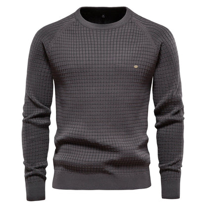 Comfortable Navy Waffle Knit Sweater for Women with Crew Neck Long Sleeve Ribbed Casual Style