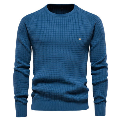Comfortable Navy Waffle Knit Sweater for Women with Crew Neck Long Sleeve Ribbed Casual Style