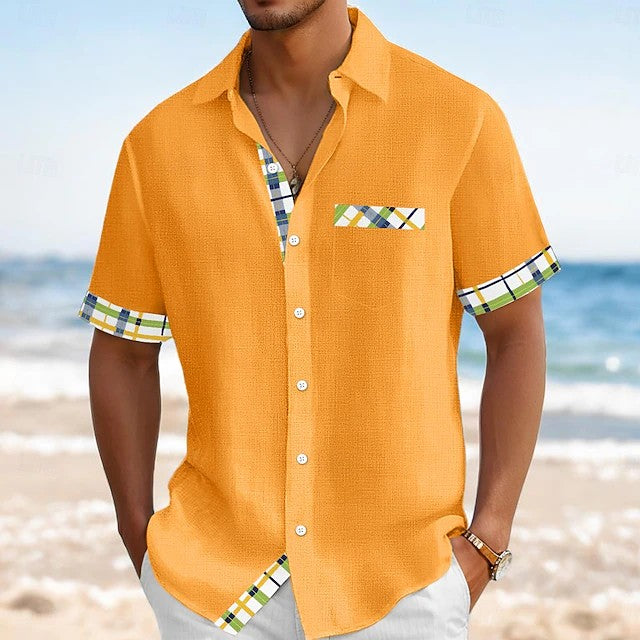 Effortless Plaid Trim Linen Shirt for Women with Collar Short Sleeve Button Front Relaxed Casual Style