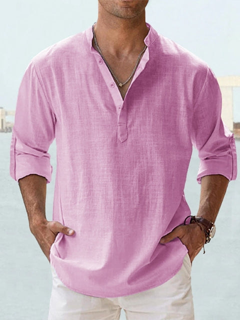 Effortless Linen Shirt for Women with Band Collar Long Sleeve Relaxed Button Placket Casual Style