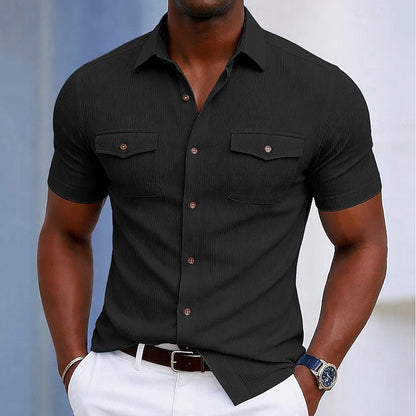 Effortless Ribbed Knit Button Up Shirt for Women with Collar Short Sleeve Chest Pocket Casual Style