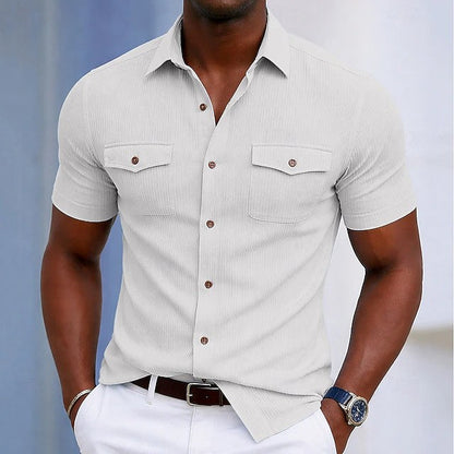 Effortless Ribbed Knit Button Up Shirt for Women with Collar Short Sleeve Chest Pocket Casual Style