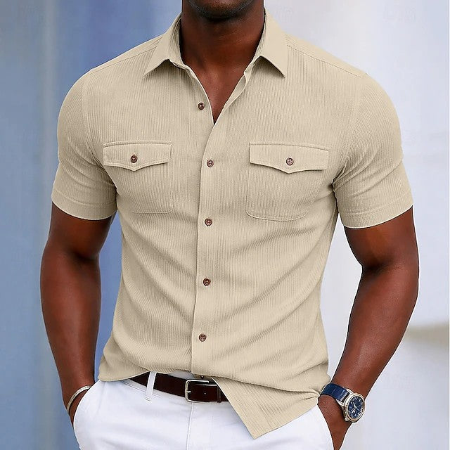 Effortless Ribbed Knit Button Up Shirt for Women with Collar Short Sleeve Chest Pocket Casual Style