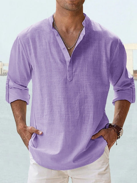Effortless Linen Shirt for Women with Band Collar Long Sleeve Relaxed Button Placket Casual Style