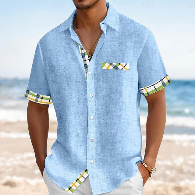 Effortless Plaid Trim Linen Shirt for Women with Collar Short Sleeve Button Front Relaxed Casual Style