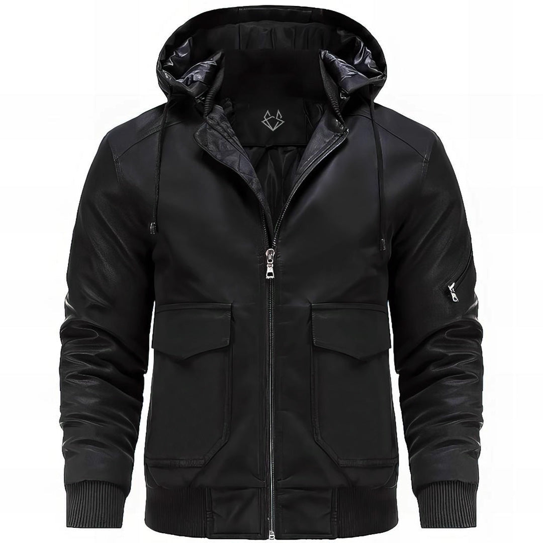 Effortless Leather Bomber Jacket for Women with Hooded Long Sleeve Cargo Pocket Casual Style