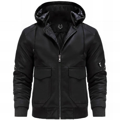 Effortless Leather Bomber Jacket for Women with Hooded Long Sleeve Cargo Pocket Casual Style