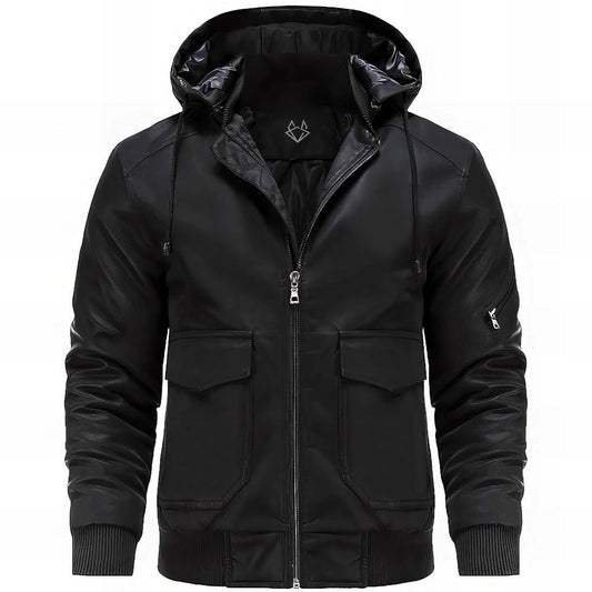 Effortless Leather Bomber Jacket for Women with Hooded Long Sleeve Cargo Pocket Casual Style