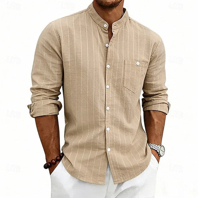 Effortless Striped Linen Shirt for Women with Band Collar Long Sleeve Button Front Casual Style