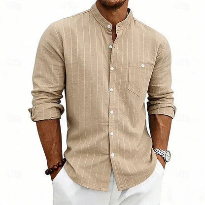 Effortless Striped Linen Shirt for Women with Band Collar Long Sleeve Button Front Casual Style