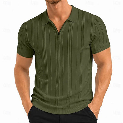Effortless Ribbed Knit Polo Shirt for Women with Zip Collar Short Sleeve Fitted Casual Style