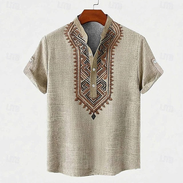 Effortless Tribal Embroidered Linen Henley Shirt for Women with Band Collar Short Sleeve Button Placket Casual Style