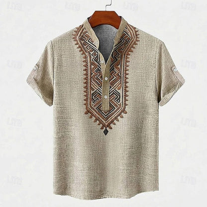 Effortless Tribal Embroidered Linen Henley Shirt for Women with Band Collar Short Sleeve Button Placket Casual Style