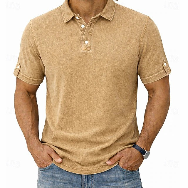 Comfortable Garment Washed Polo Shirt for Women with Collar Short Sleeve Button Placket Roll Tab Casual Style