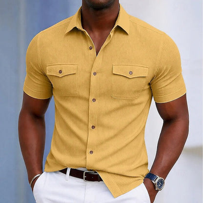 Effortless Ribbed Knit Button Up Shirt for Women with Collar Short Sleeve Chest Pocket Casual Style