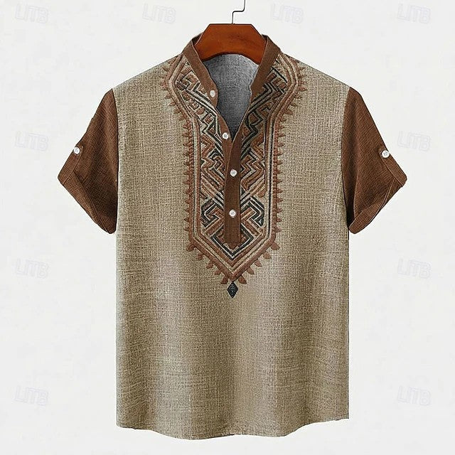 Effortless Tribal Embroidered Linen Henley Shirt for Women with Band Collar Short Sleeve Button Placket Casual Style