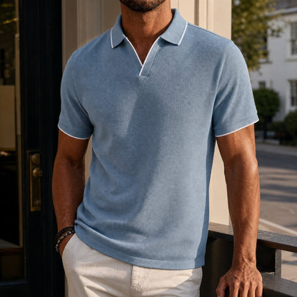 Effortless Waffle Knit Polo Shirt for Women with V Neck Collar Short Sleeve Contrast Tipped Relaxed Style
