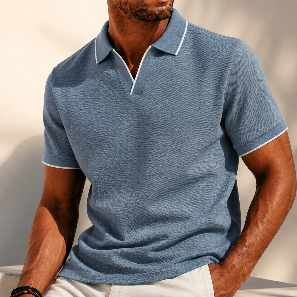 Effortless Waffle Knit Polo Shirt for Women with V Neck Collar Short Sleeve Contrast Tipped Relaxed Style