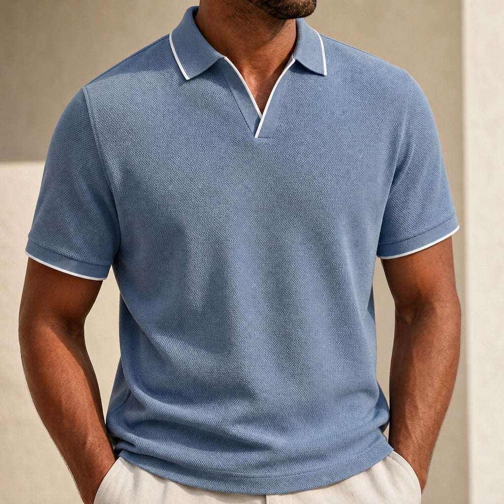 Effortless Waffle Knit Polo Shirt for Women with V Neck Collar Short Sleeve Contrast Tipped Relaxed Style