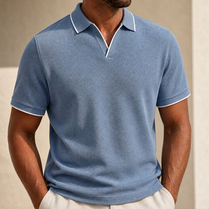 Effortless Waffle Knit Polo Shirt for Women with V Neck Collar Short Sleeve Contrast Tipped Relaxed Style