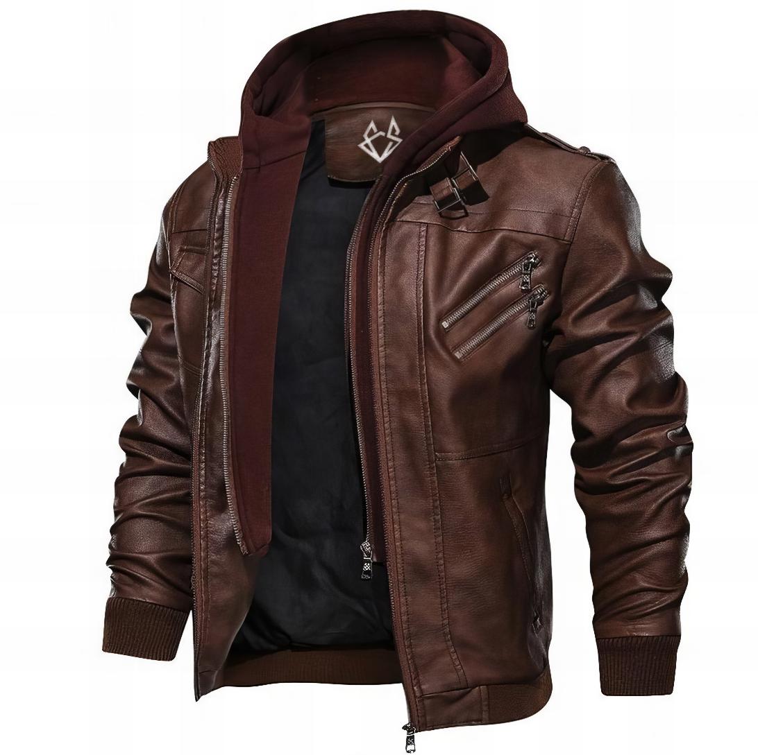 Effortless Brown Leather Jacket for Women with Stand Collar Long Sleeve Detachable Hood Casual Style