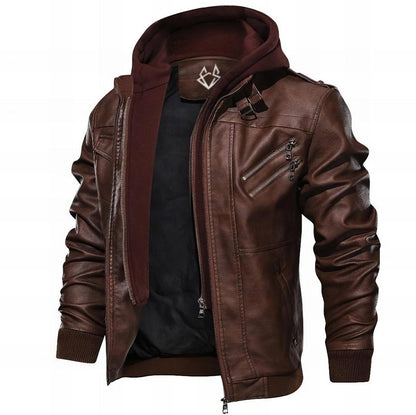 Effortless Brown Leather Jacket for Women with Stand Collar Long Sleeve Detachable Hood Casual Style