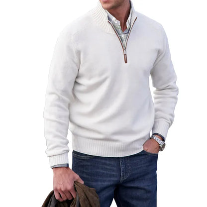 Comfortable White Quarter Zip Sweater for Women with Mock Neck Long Sleeve Ribbed Cuff Relaxed Knit Style