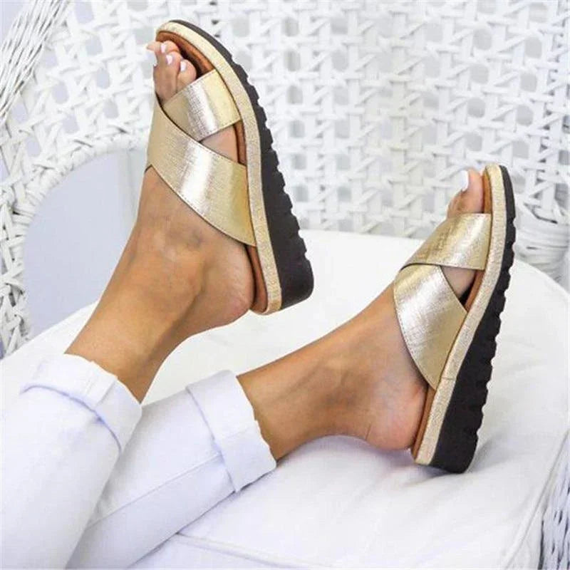 Elegant Platform Sandals for Women with Metallic Cross Strap Slip On Open Toe Orthopedic Wedge Style
