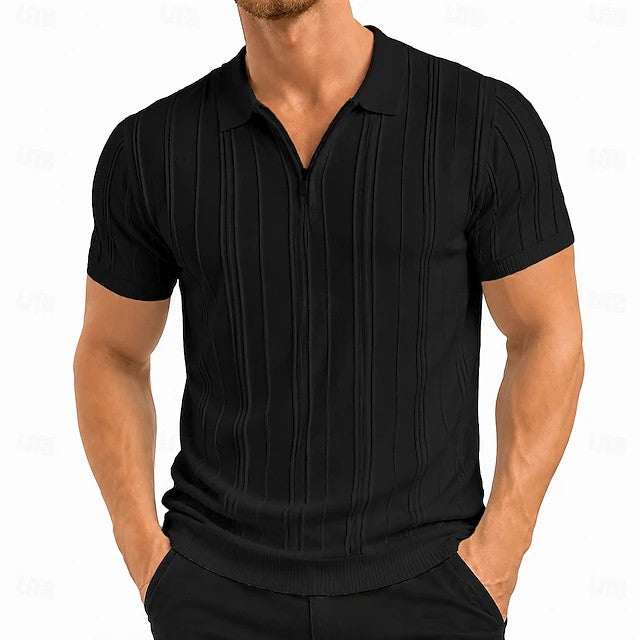 Effortless Ribbed Knit Polo Shirt for Women with Zip Collar Short Sleeve Fitted Casual Style