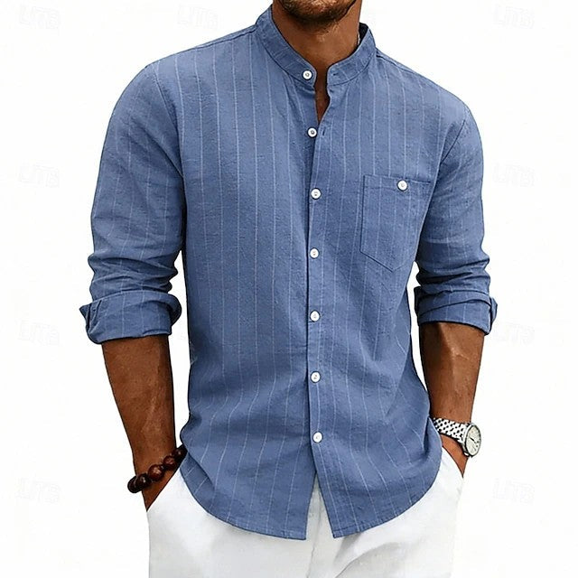 Effortless Striped Linen Shirt for Women with Band Collar Long Sleeve Button Front Casual Style