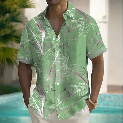 Effortless Hawaiian Leaf Print Shirt for Women with Collar Short Sleeve Button Front Relaxed Style
