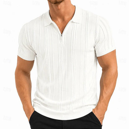 Effortless Ribbed Knit Polo Shirt for Women with Zip Collar Short Sleeve Fitted Casual Style